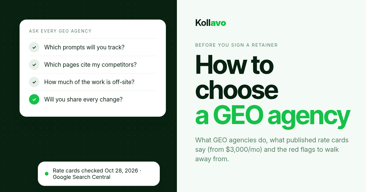 Kollavo cover: How to choose a GEO agency. A checklist of questions to ask every GEO agency: which prompts will you track, which pages cite my competitors, how much of the work is off-site, will you share every change. Published rate cards start from $3,000/mo