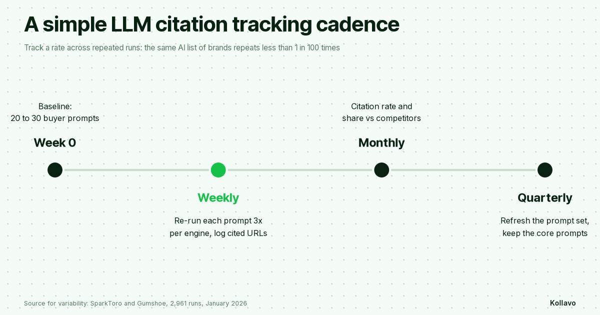 A simple LLM citation tracking cadence: week 0 baseline of 20 to 30 buyer prompts, weekly reruns of each prompt 3 times per engine logging cited URLs, monthly citation rate and share against competitors, quarterly prompt refresh